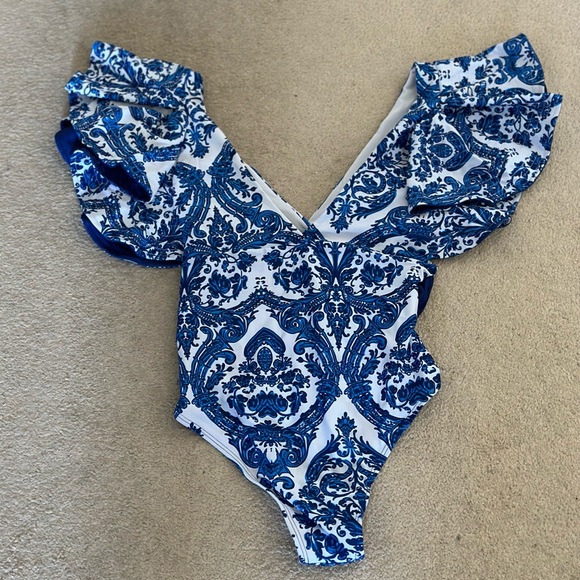 Dolce & Gabanna Inspired Blue & White Ruffle Belted Swimsuit - Picture 6 of 7